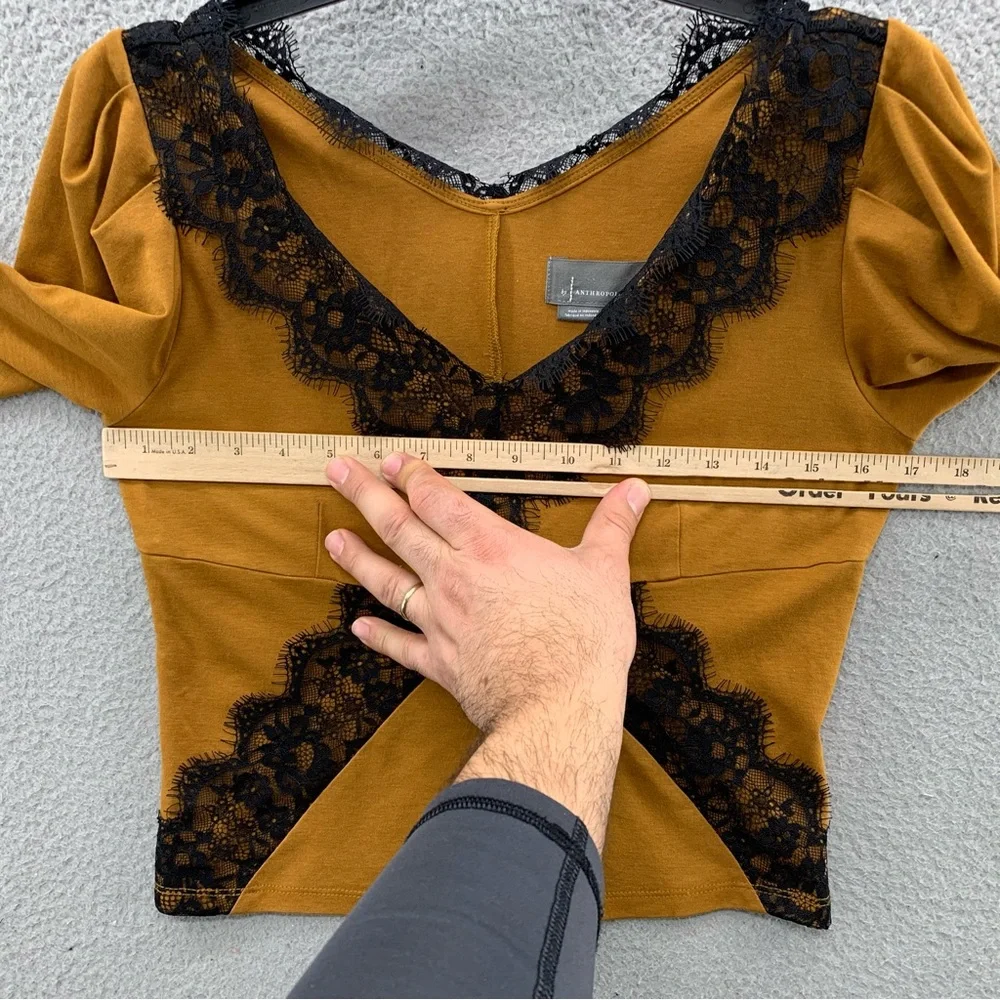 By Anthropologie Women Size S Mustard Lace Trim Top Blouse V-Neck Short Sleeve - Picture 6 of 11
